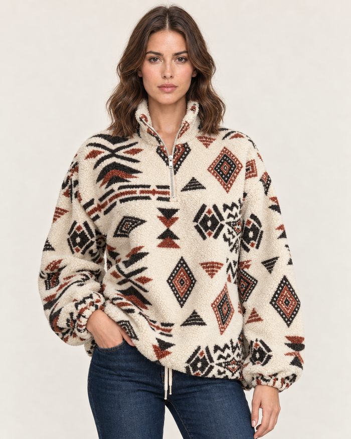 Women's Half Zip Borg Fleece with Aztec Print and Drawstring Hem in Mixed