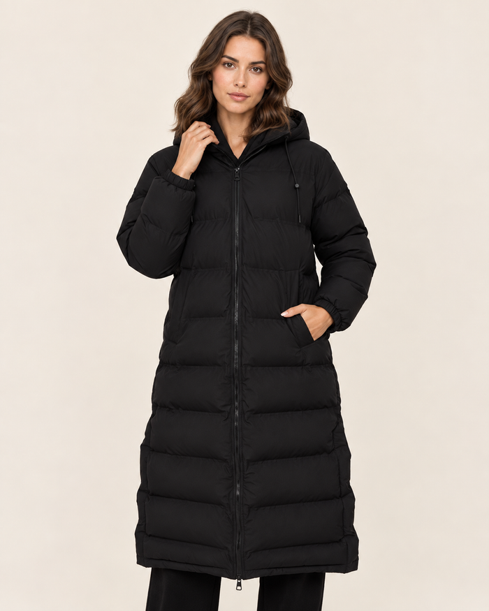 Women's Long Puffer Coat in Black with Hood