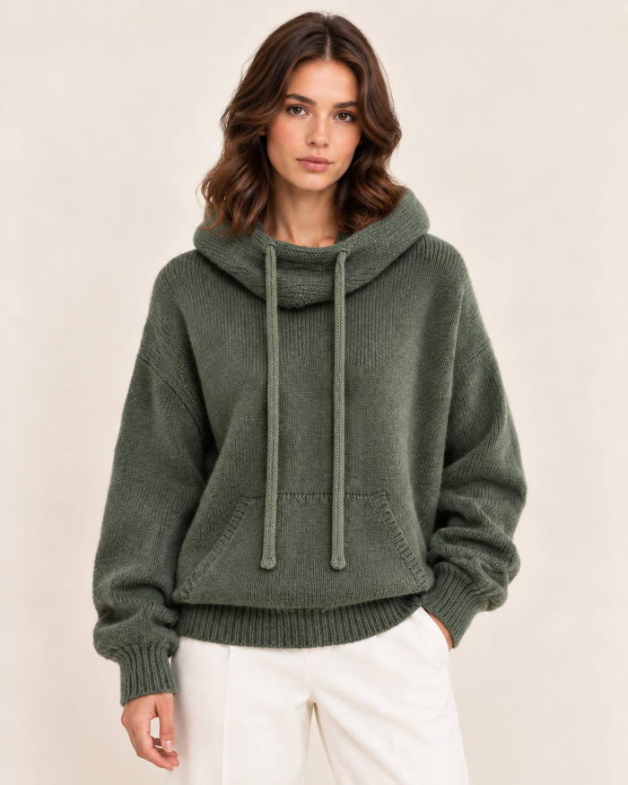 Women's Knitted Hoodie with Large Drawstring Hood