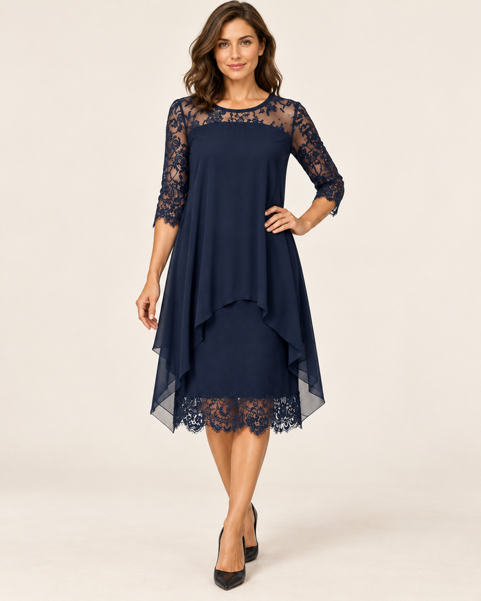Women's Layered Chiffon Lace Midi Dress