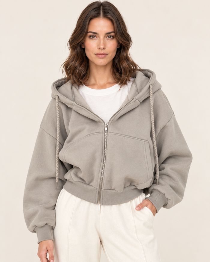 Women's Oversized Cropped Zip Up Hoodie with Drawstring Hood in Beige