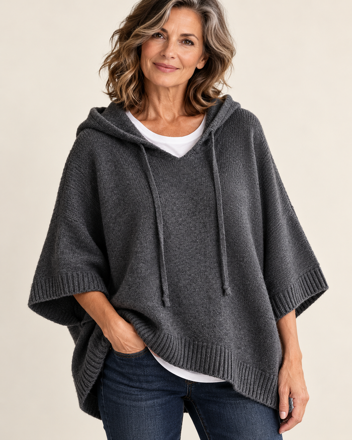 Women's Knitted Hoodie with Oversized Batwing Sleeves in Grey