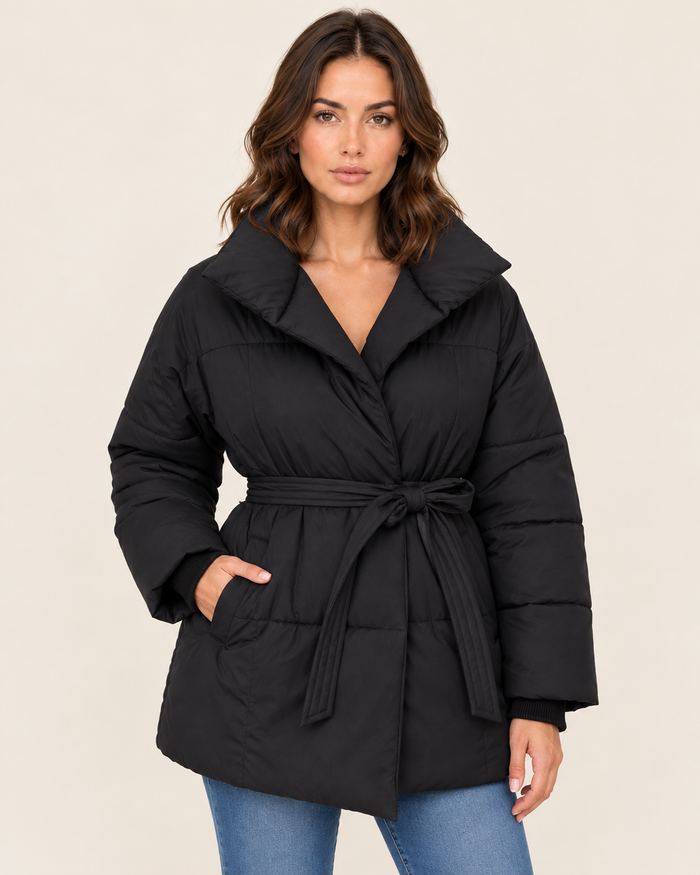 Women's Belted Puffer Jacket with Shawl Collar in Black