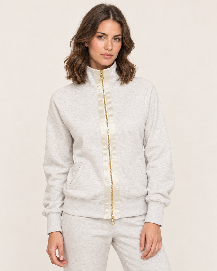 Women's Zip Up Jacket with Funnel Neck and Satin Zip Trim