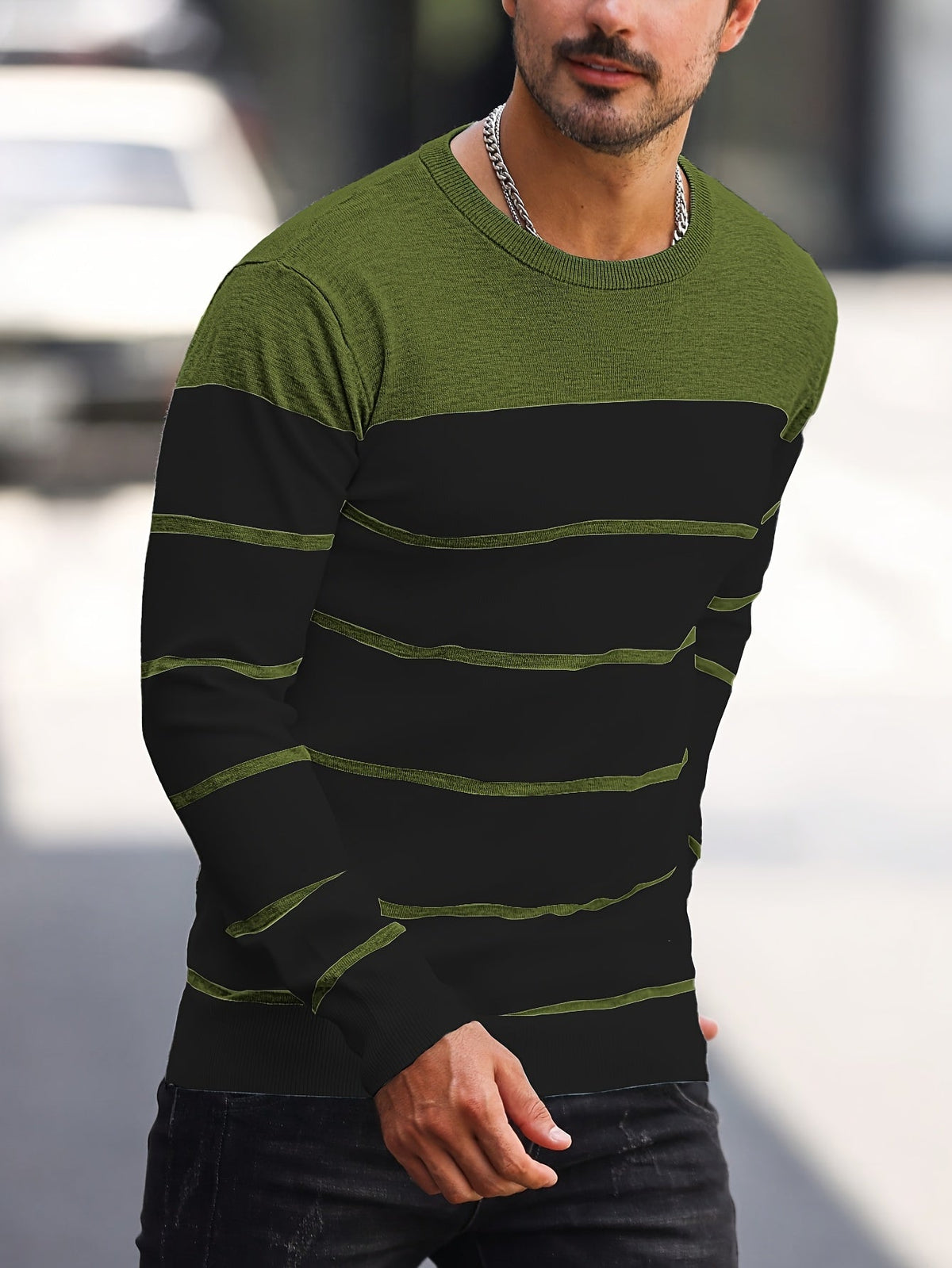 Men's Colour-Block Striped Pullover Sweater Long-Sleeve Casual Everyday
