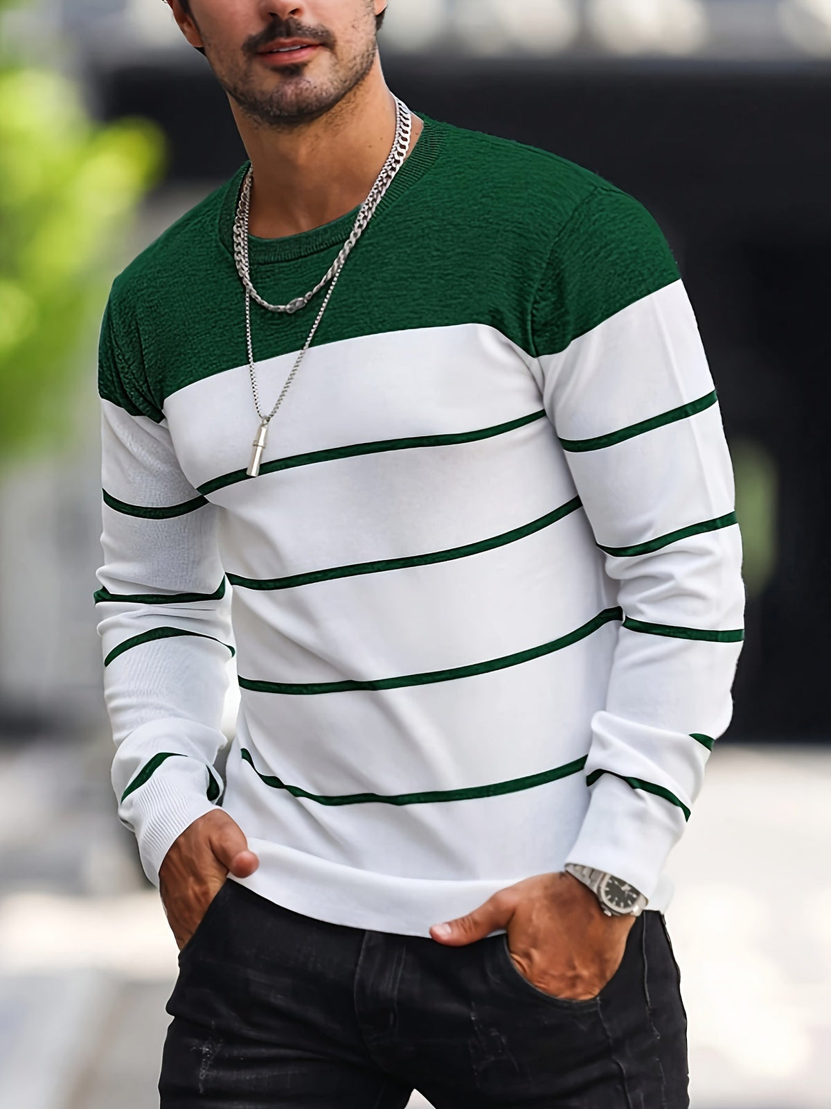 Men's Colour-Block Striped Pullover Sweater Long-Sleeve Casual Everyday