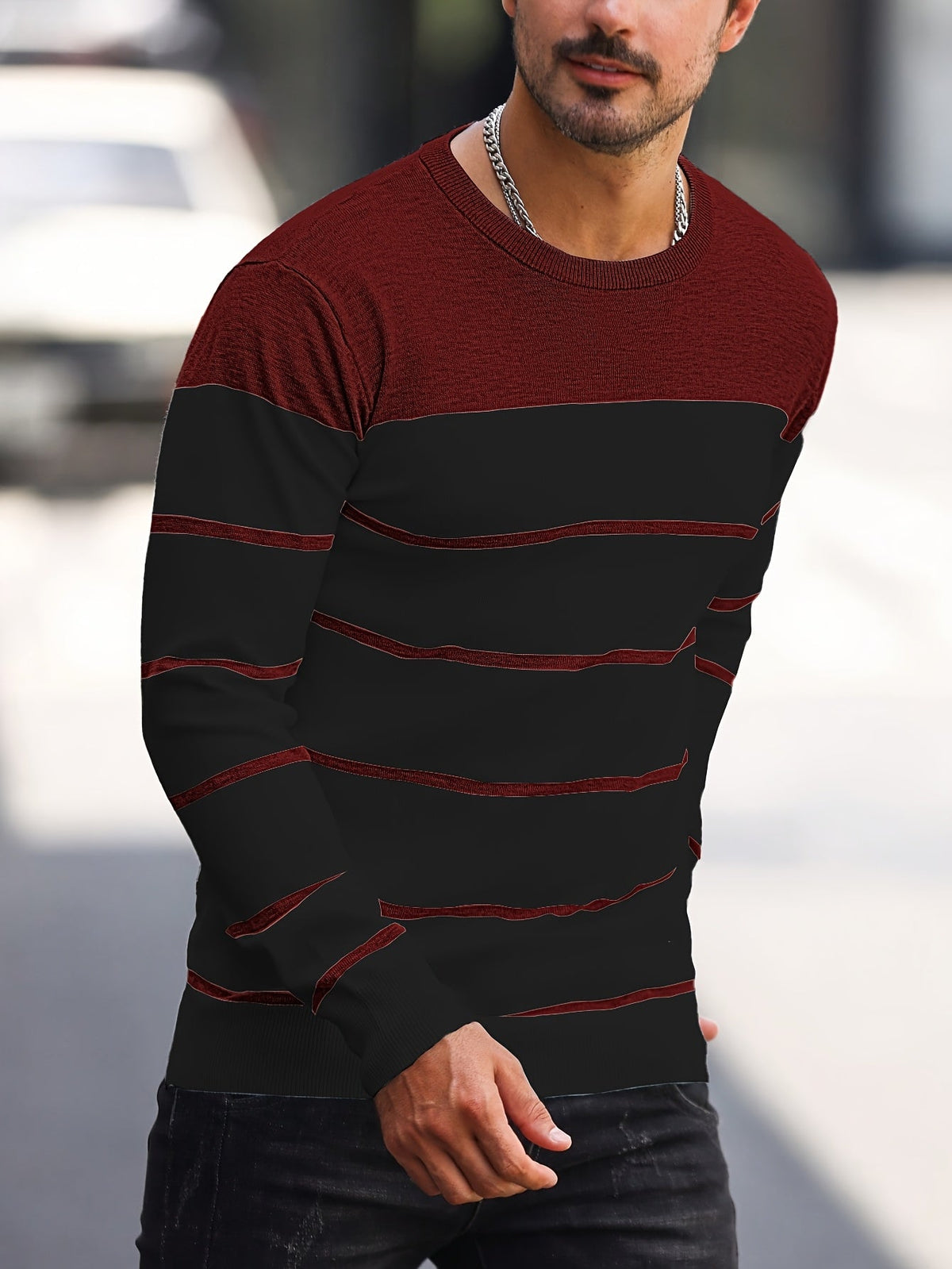 Men's Colour-Block Striped Pullover Sweater Long-Sleeve Casual Everyday