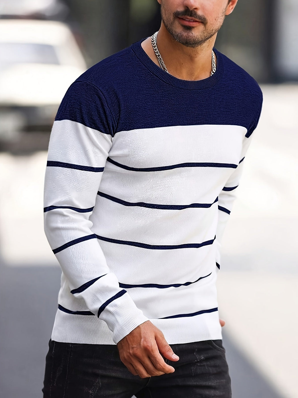 Men's Colour-Block Striped Pullover Sweater Long-Sleeve Casual Everyday