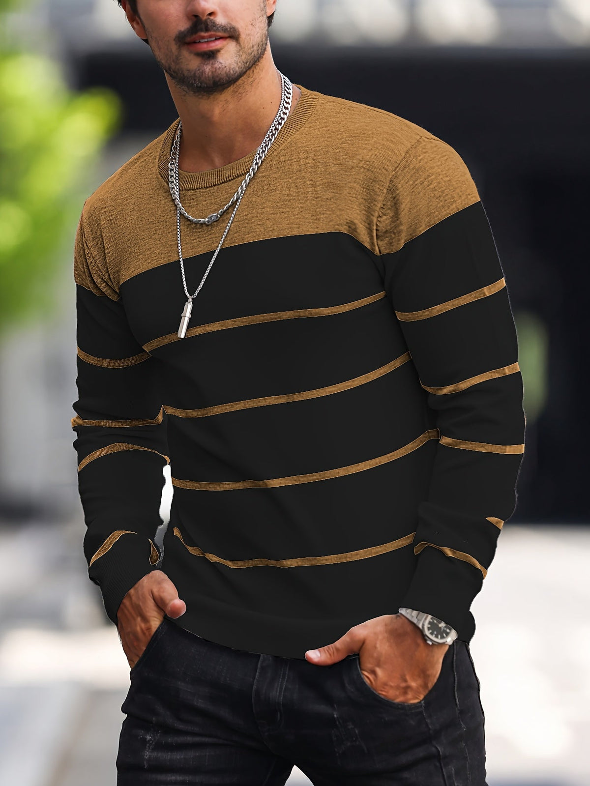 Men's Colour-Block Striped Pullover Sweater Long-Sleeve Casual Everyday
