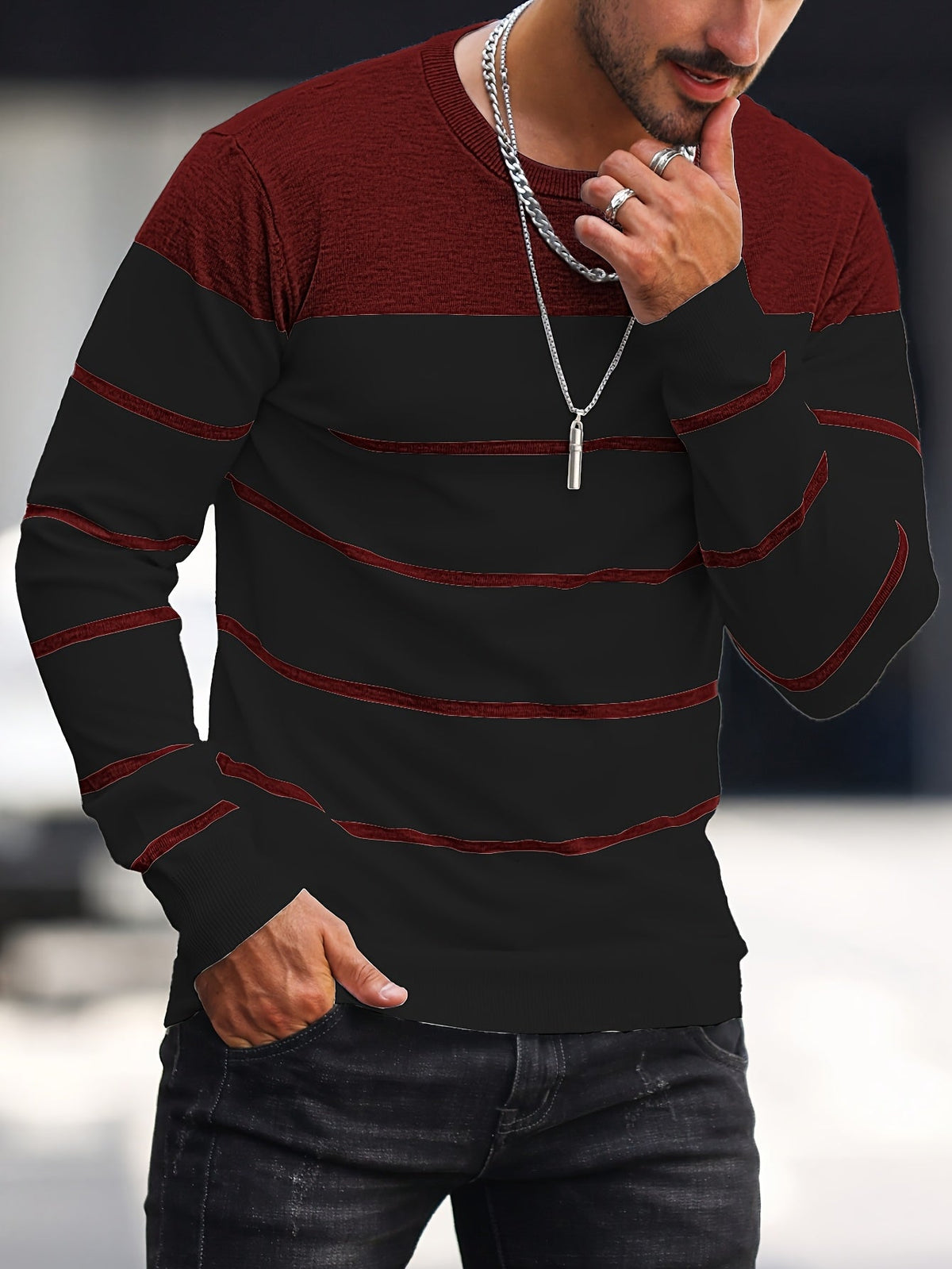 Men's Colour-Block Striped Pullover Sweater Long-Sleeve Casual Everyday