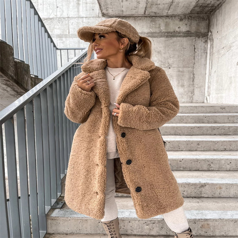 Women's Teddy Coat Notched Collar Button Front Casual Layering Outerwear