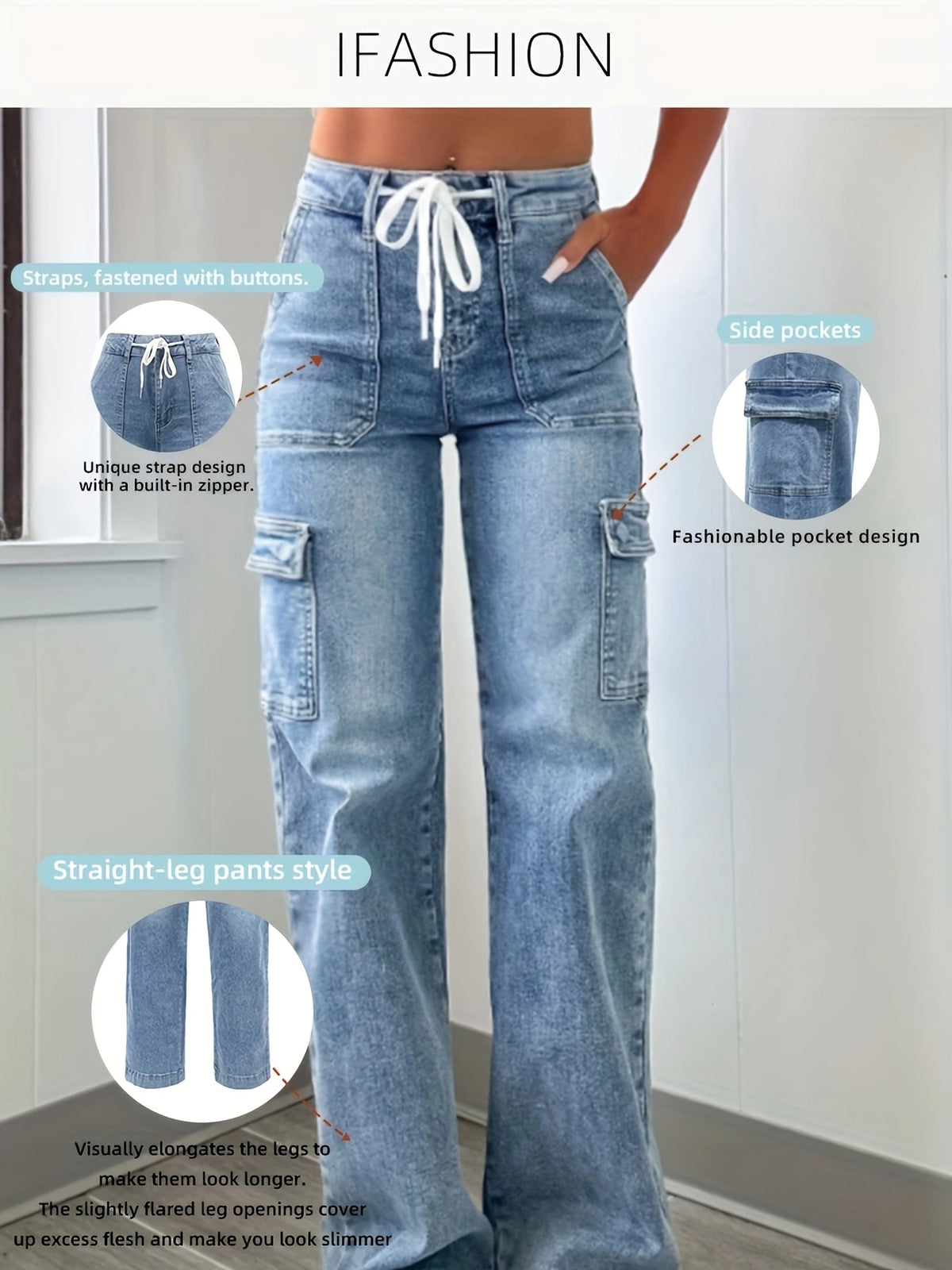 Women's High-Waist Cargo Jeans Drawstring Relaxed Fit Casual Everyday