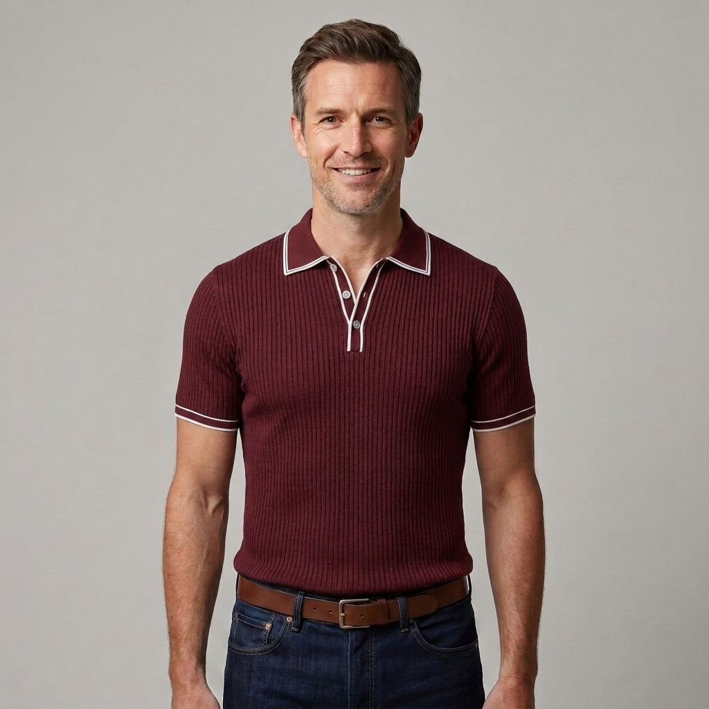 Men's Ribbed Polo Shirt Short-Sleeve Contrast Trim Casual Everyday Wear