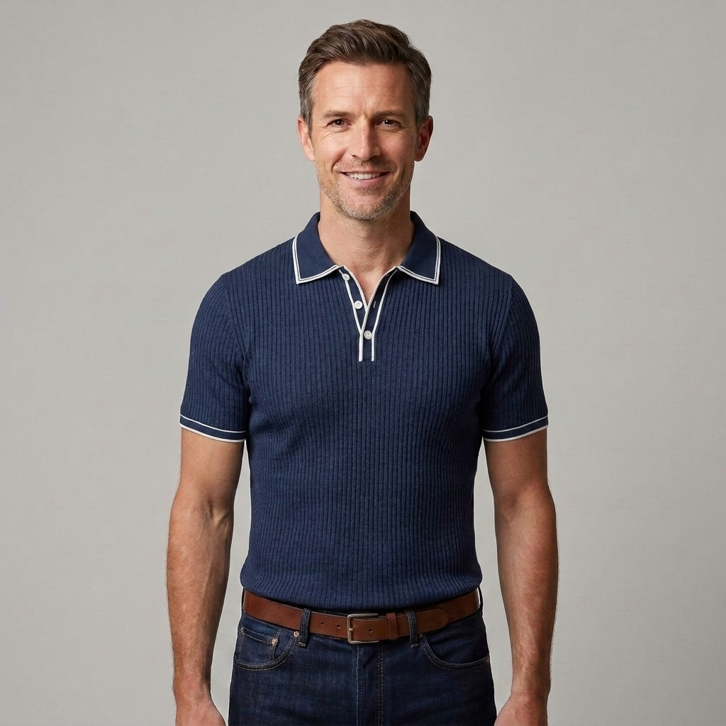 Men's Ribbed Polo Shirt Short-Sleeve Contrast Trim Casual Everyday Wear