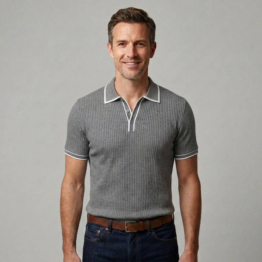 Men's Ribbed Polo Shirt Short-Sleeve Contrast Trim Casual Everyday Wear