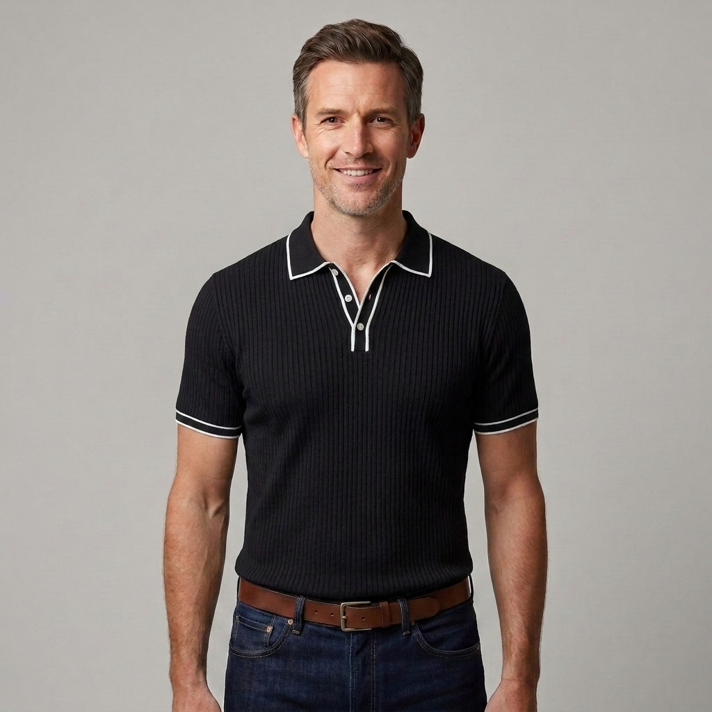 Men's Ribbed Polo Shirt Short-Sleeve Contrast Trim Casual Everyday Wear