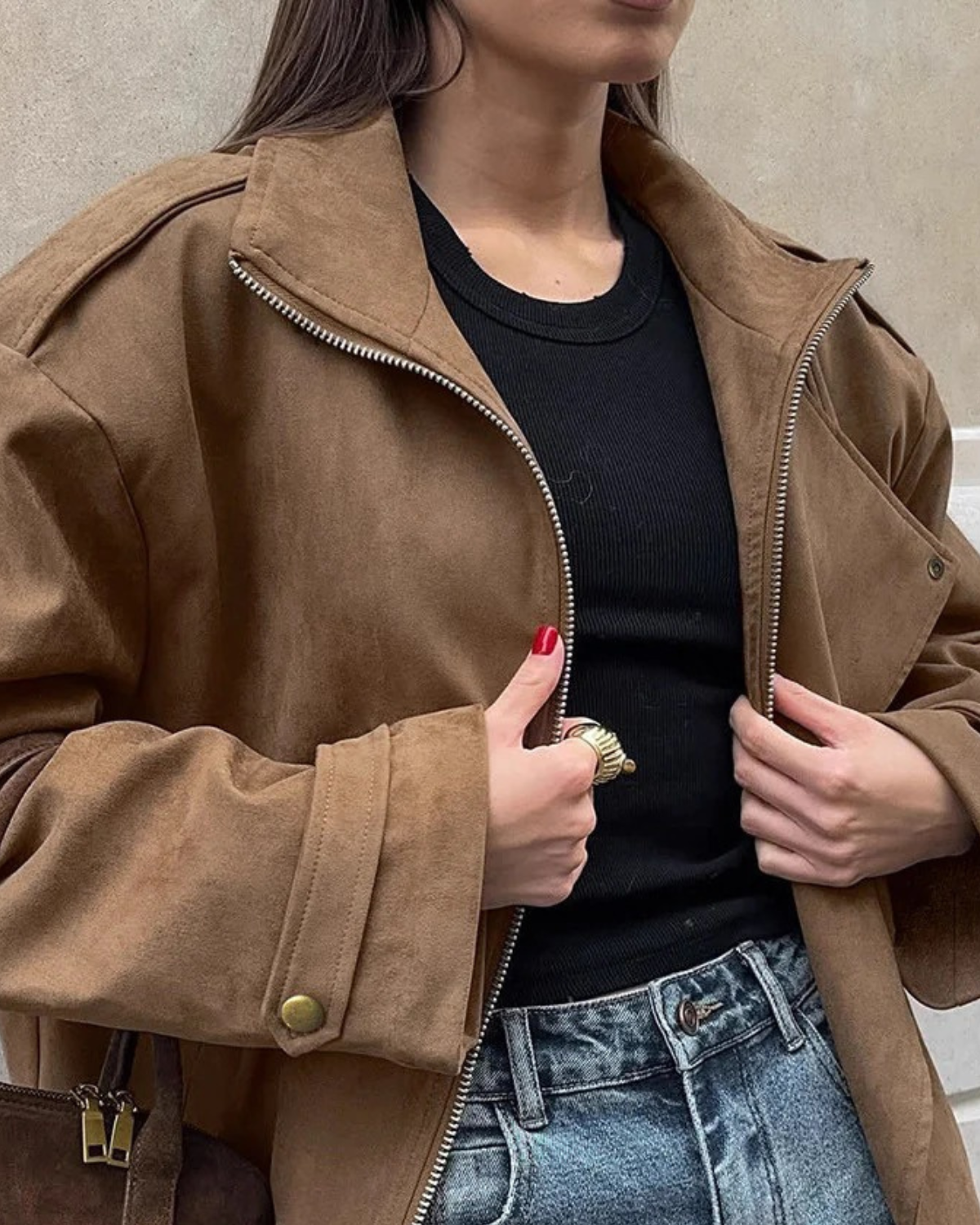 Women's Suede Bomber Jacket Zipper Closure Elasticated Hem Casual Everyday