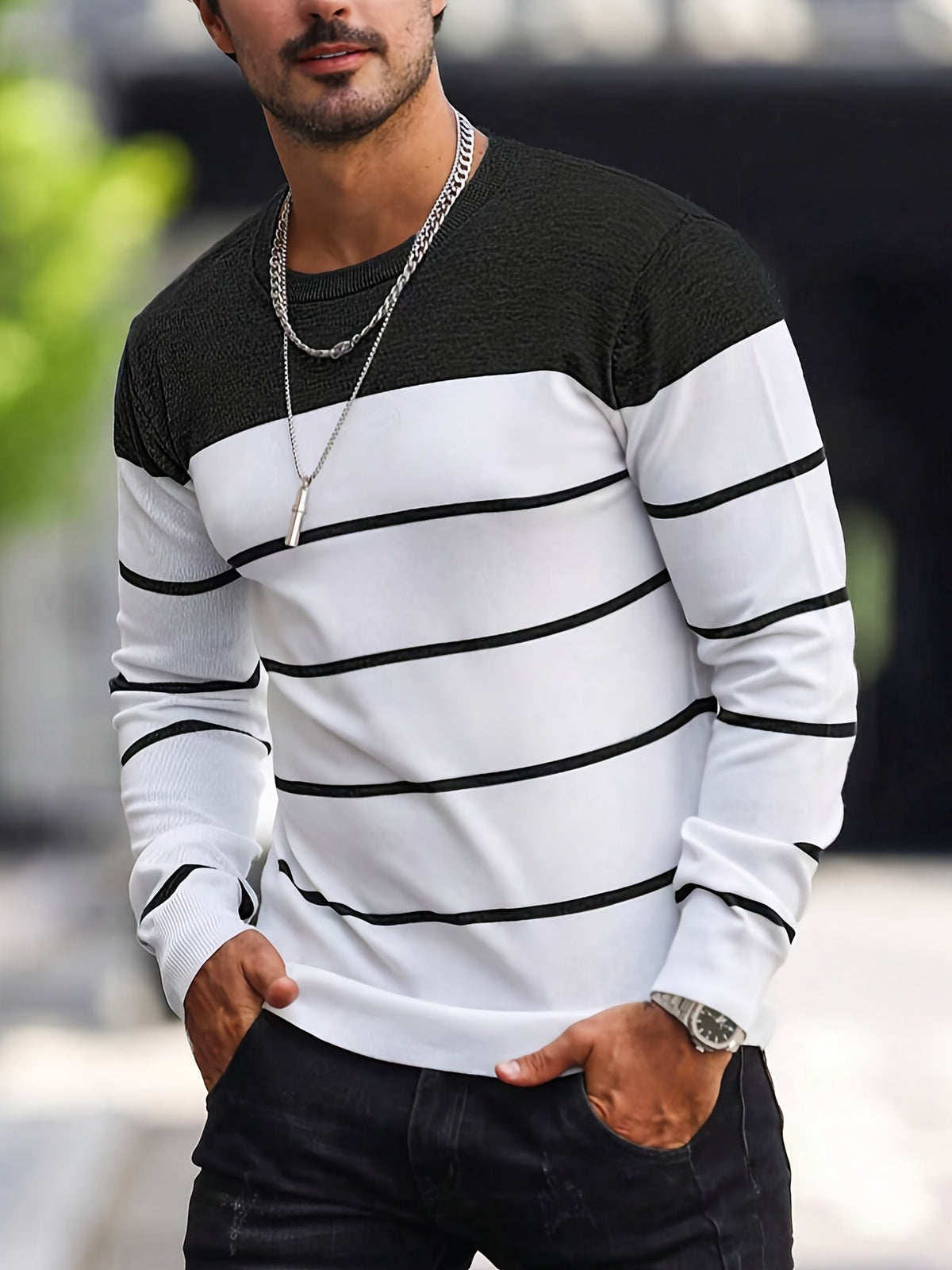 Men's Colour-Block Striped Pullover Sweater Long-Sleeve Casual Everyday