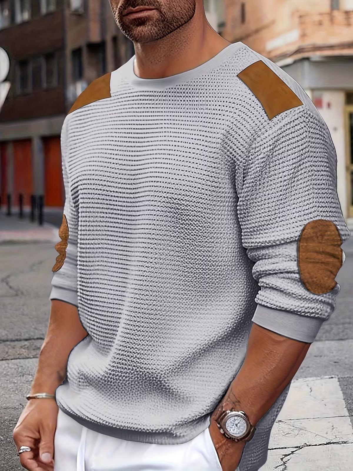 Men's Casual Waffle Knit Crewneck Sweatshirt Colour Block Relaxed Fit Everyday Wear