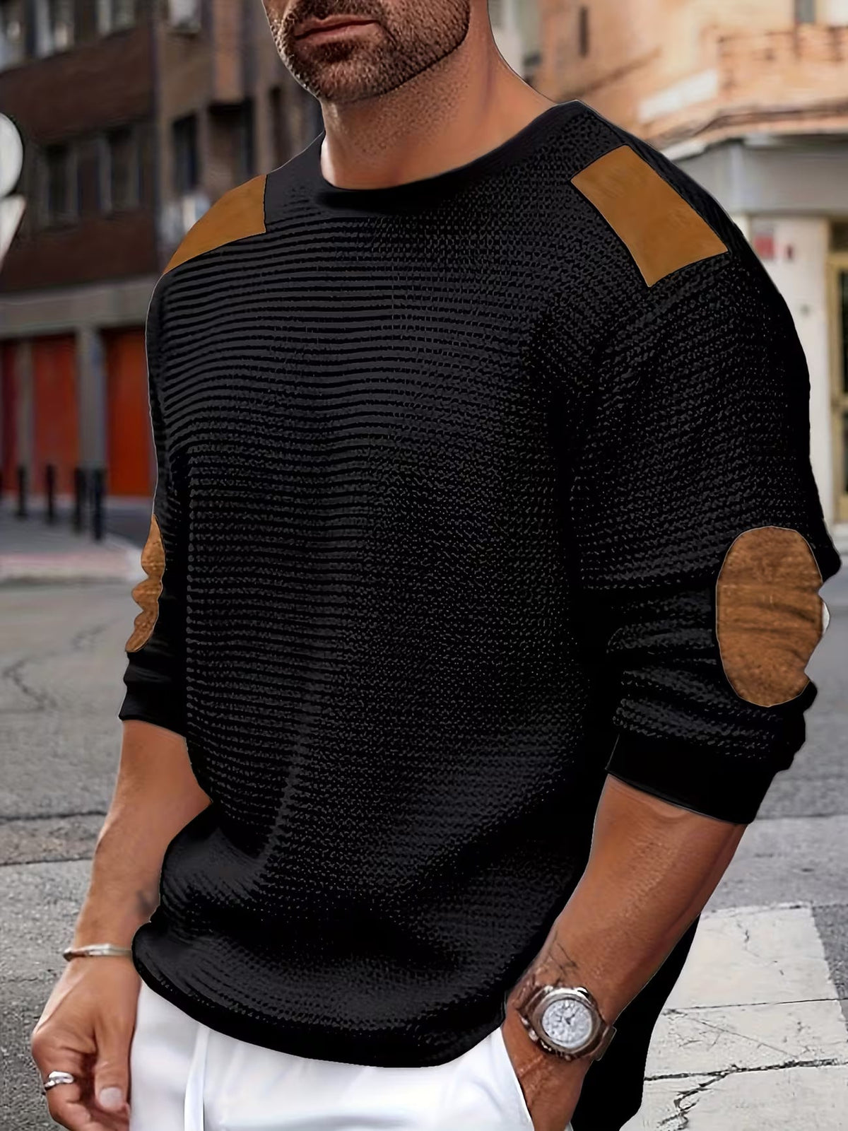 Men's Casual Waffle Knit Crewneck Sweatshirt Colour Block Relaxed Fit Everyday Wear