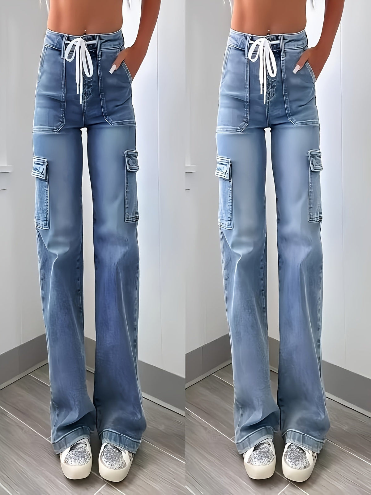 Women's High-Waist Cargo Jeans Drawstring Relaxed Fit Casual Everyday