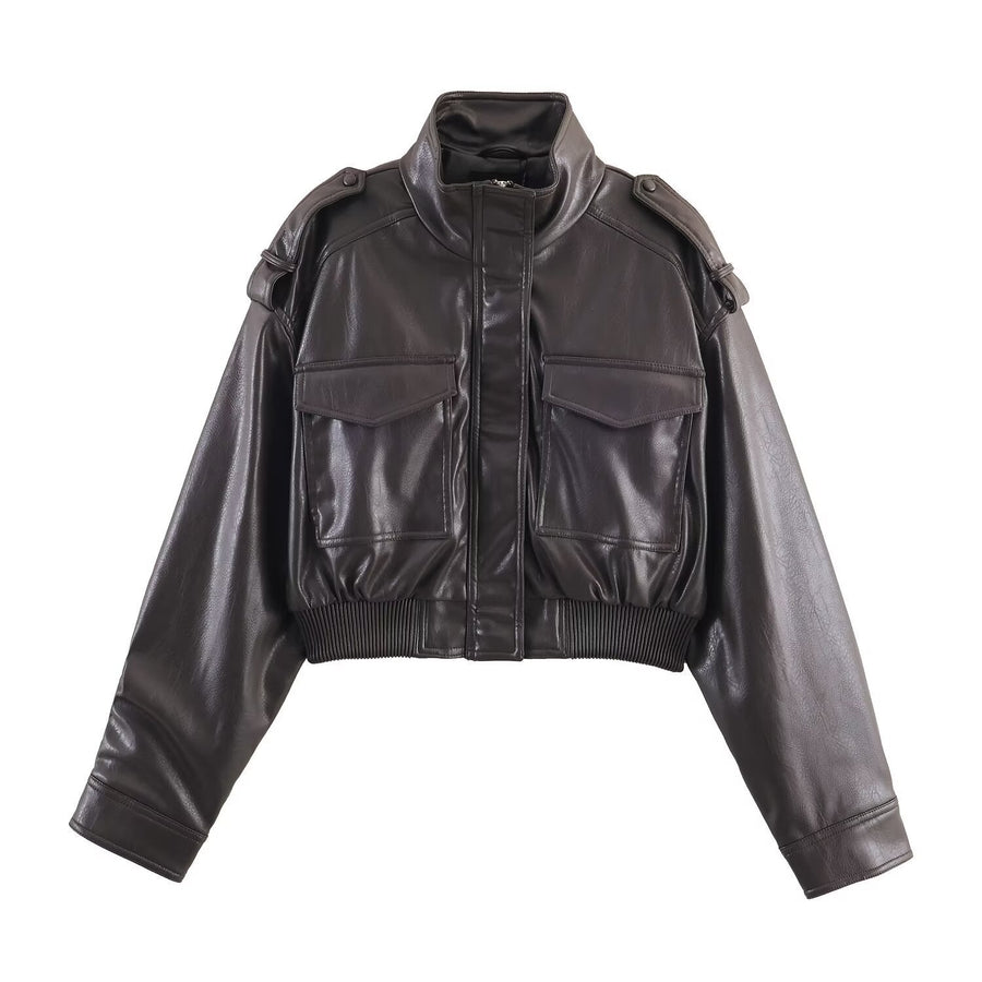 Women's Cropped Bomber Jacket Zip Closure Stand Collar Casual Everyday