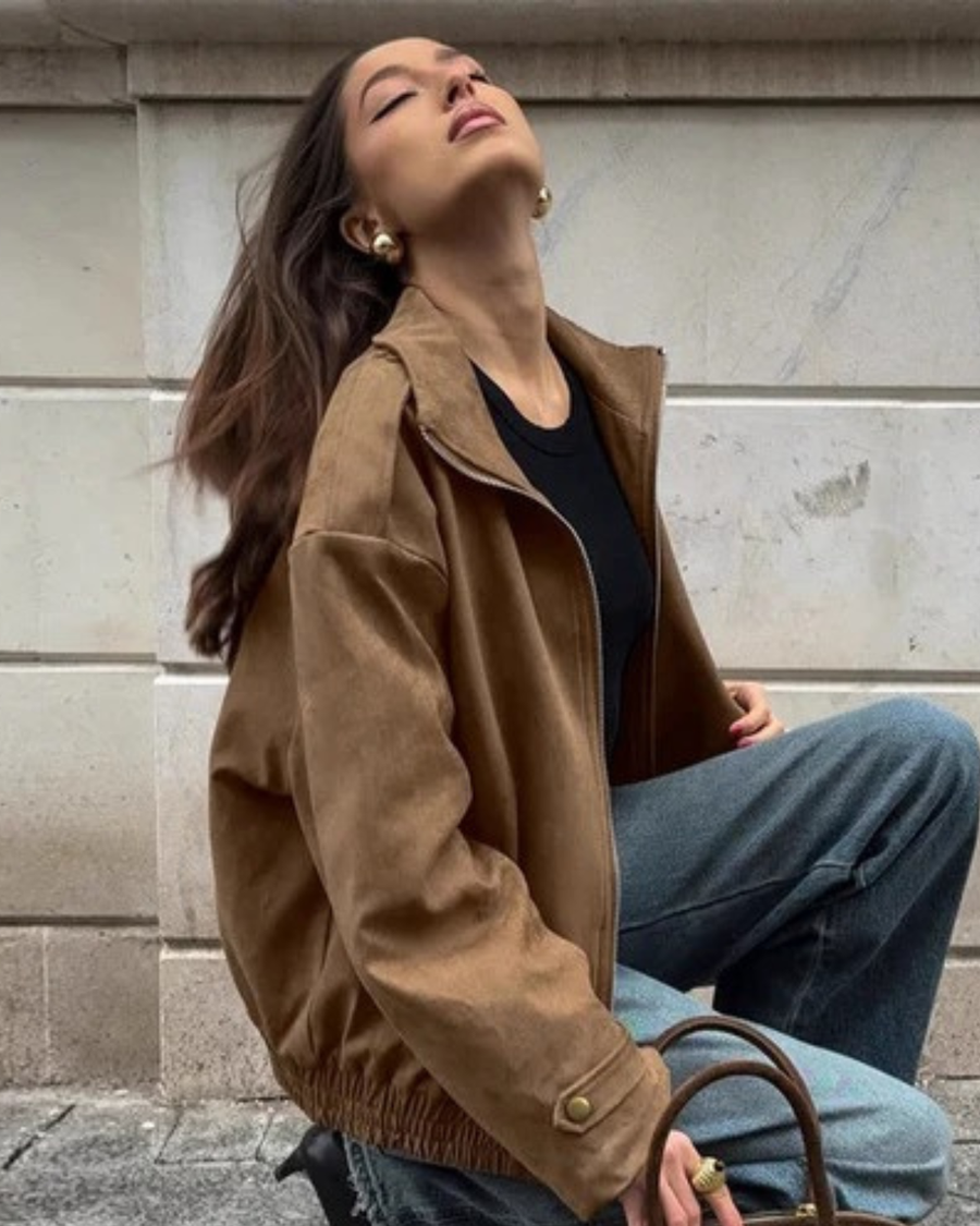 Women's Suede Bomber Jacket Zipper Closure Elasticated Hem Casual Everyday