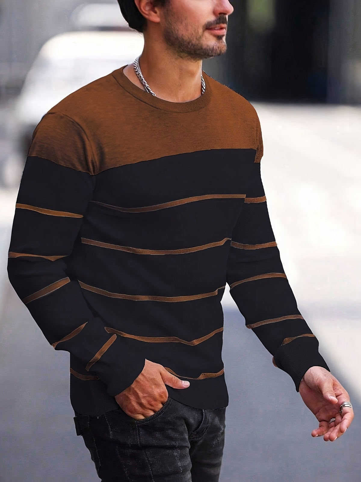 Men's Colour-Block Striped Pullover Sweater Long-Sleeve Casual Everyday