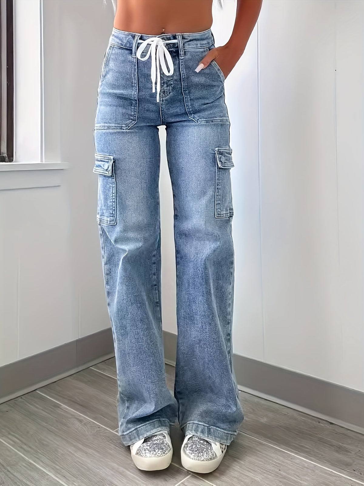 Women's High-Waist Cargo Jeans Drawstring Relaxed Fit Casual Everyday