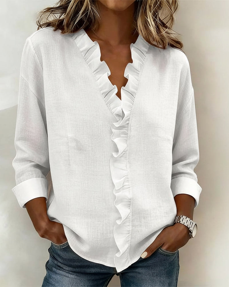 Women's Ruffle V-Neck Blouse Long Sleeve Elegant Spring Style Top