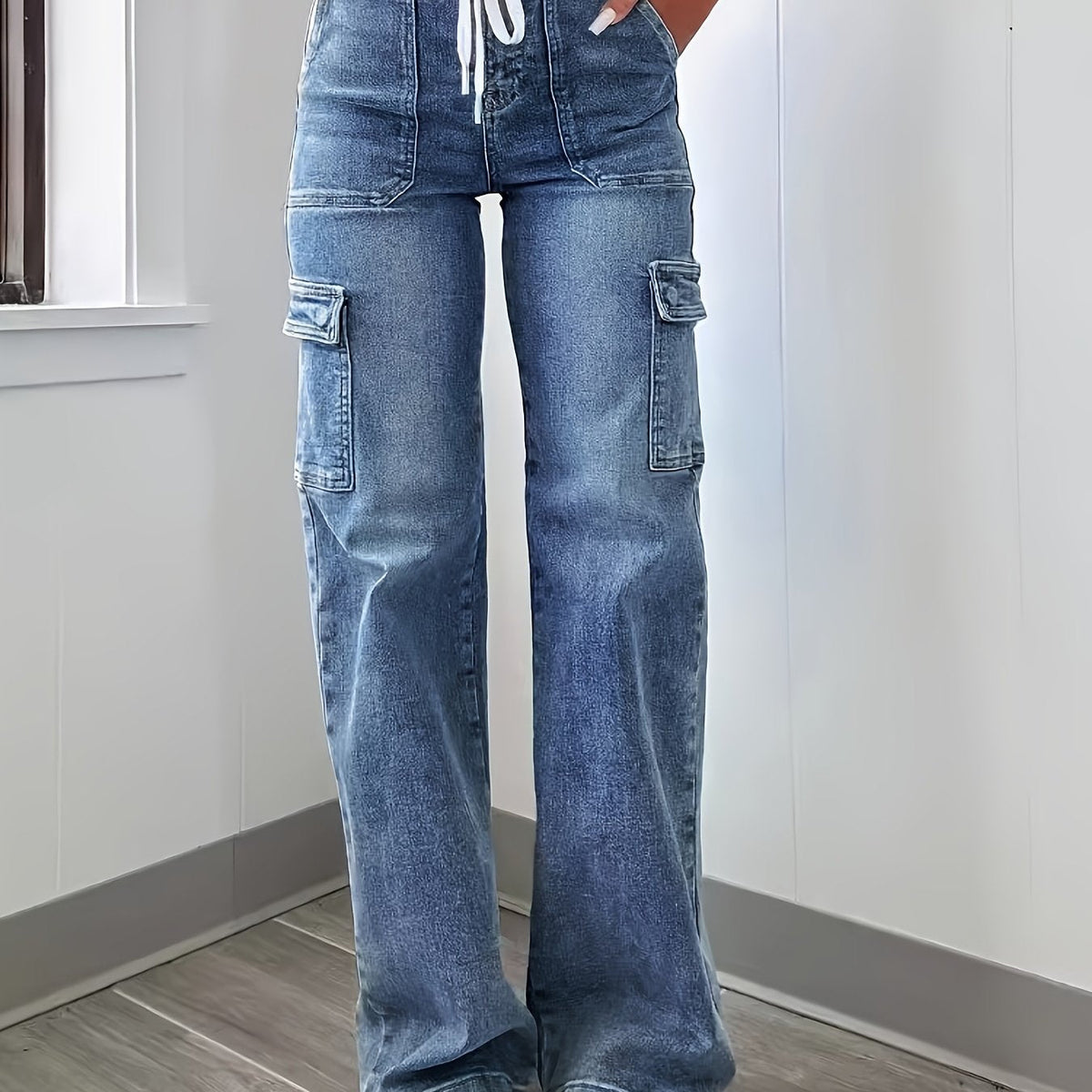 Women's High-Waist Cargo Jeans Drawstring Relaxed Fit Casual Everyday