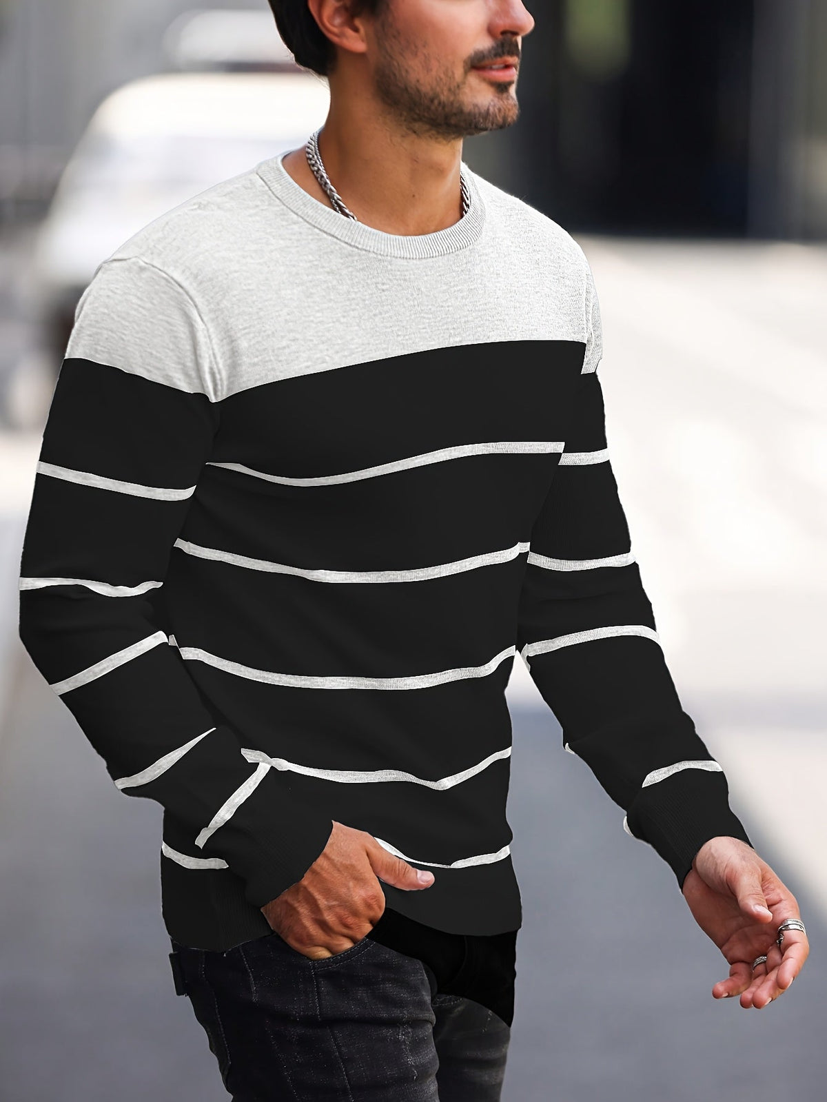 Men's Colour-Block Striped Pullover Sweater Long-Sleeve Casual Everyday