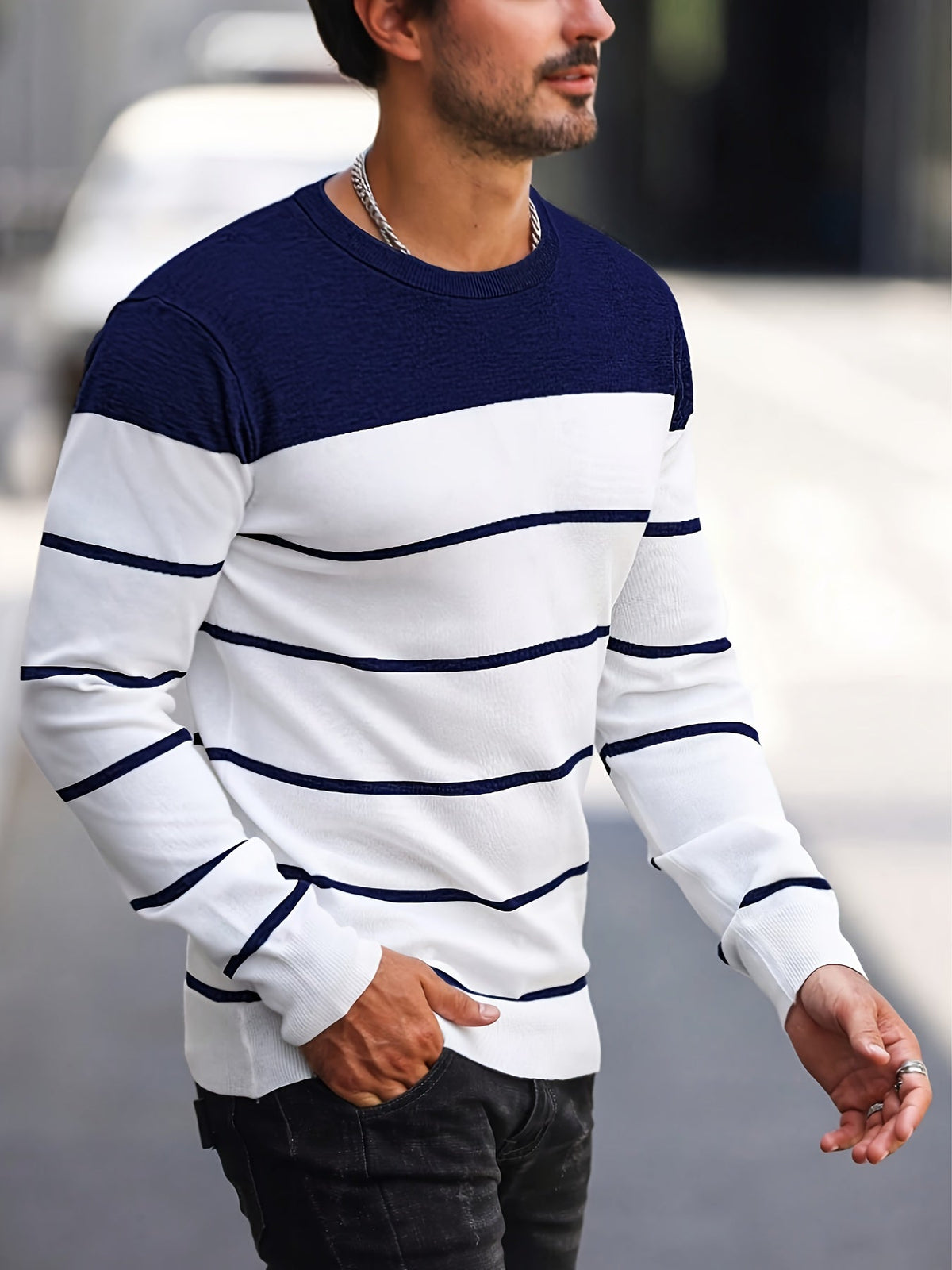 Men's Colour-Block Striped Pullover Sweater Long-Sleeve Casual Everyday