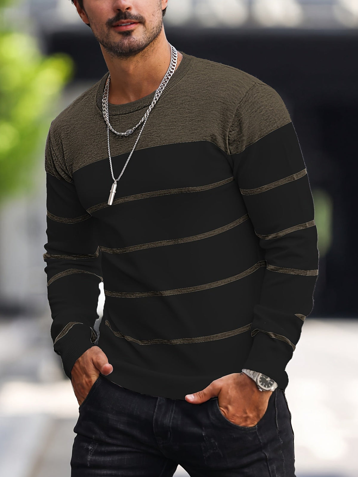 Men's Colour-Block Striped Pullover Sweater Long-Sleeve Casual Everyday