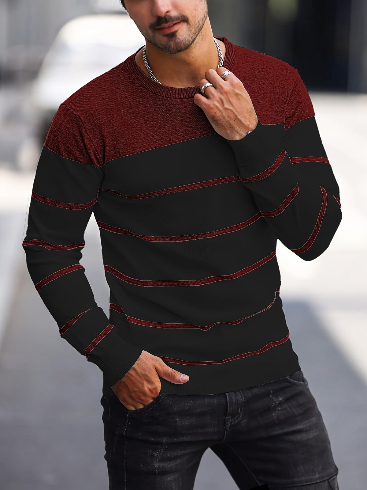 Men's Colour-Block Striped Pullover Sweater Long-Sleeve Casual Everyday