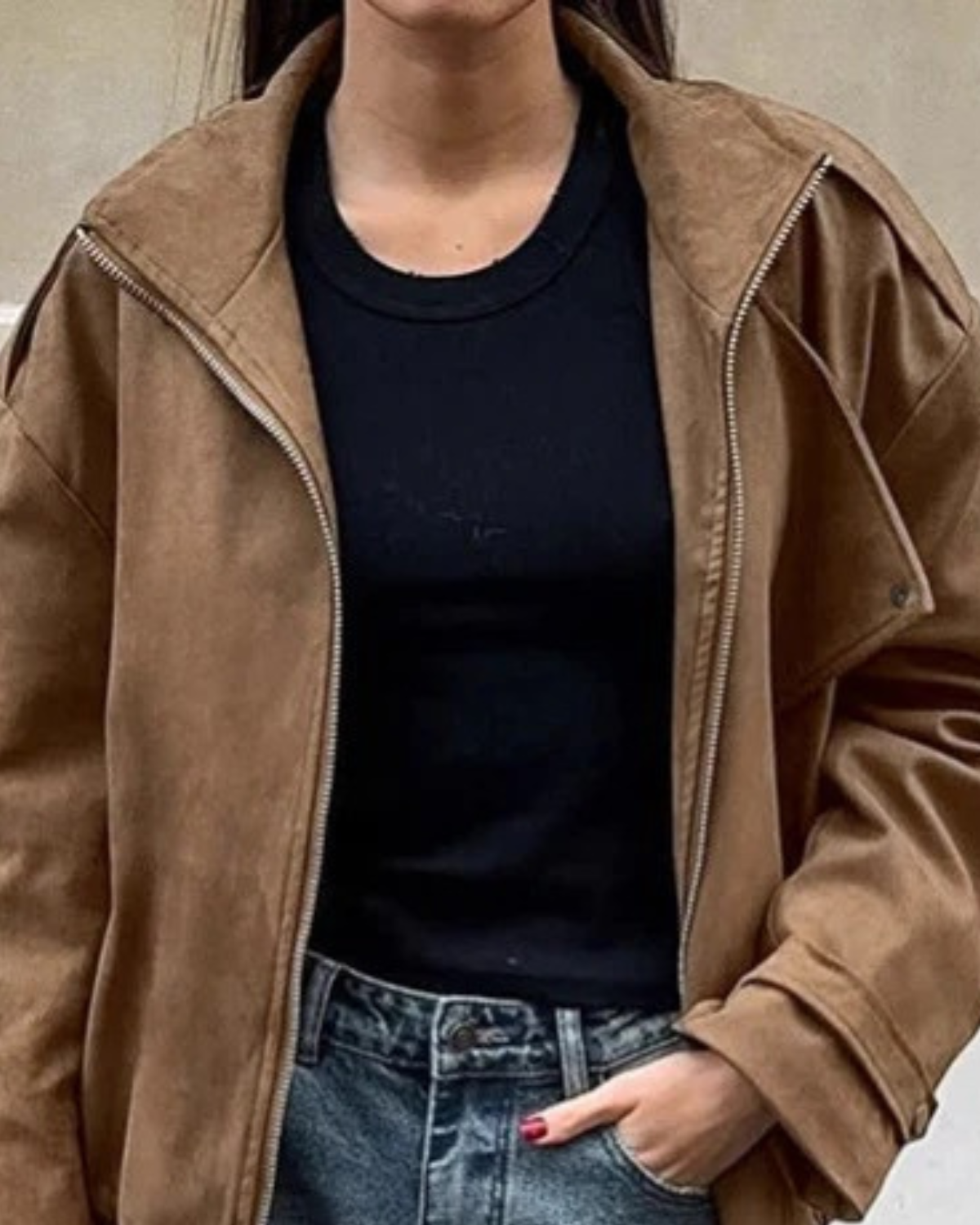 Women's Suede Bomber Jacket Zipper Closure Elasticated Hem Casual Everyday