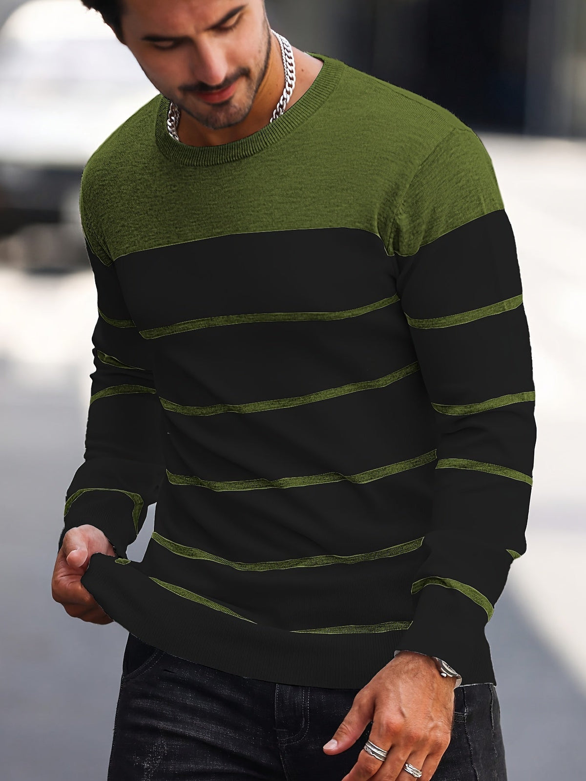 Men's Colour-Block Striped Pullover Sweater Long-Sleeve Casual Everyday
