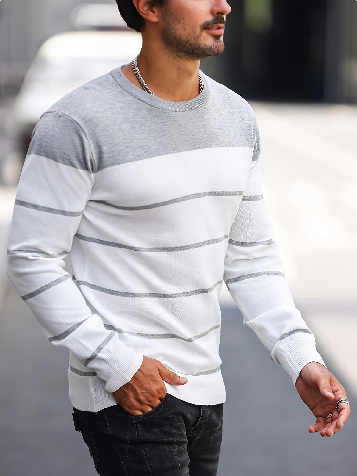 Men's Colour-Block Striped Pullover Sweater Long-Sleeve Casual Everyday