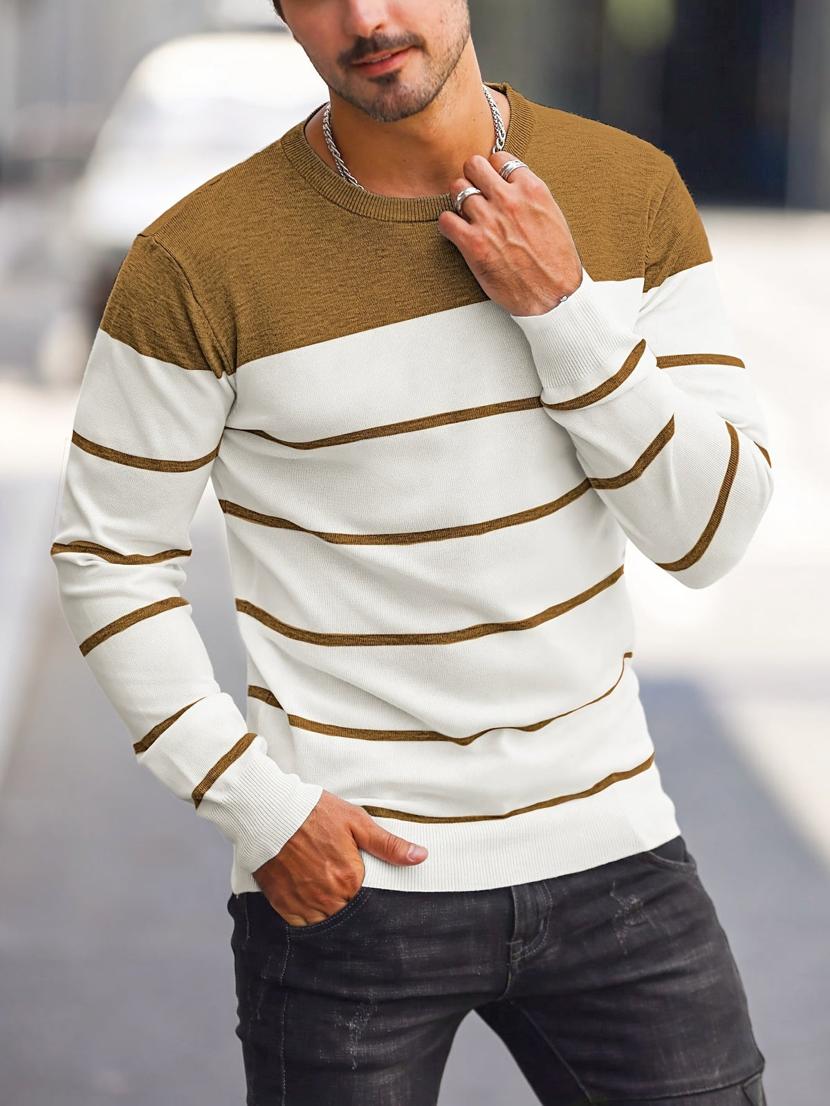 Men's Colour-Block Striped Pullover Sweater Long-Sleeve Casual Everyday