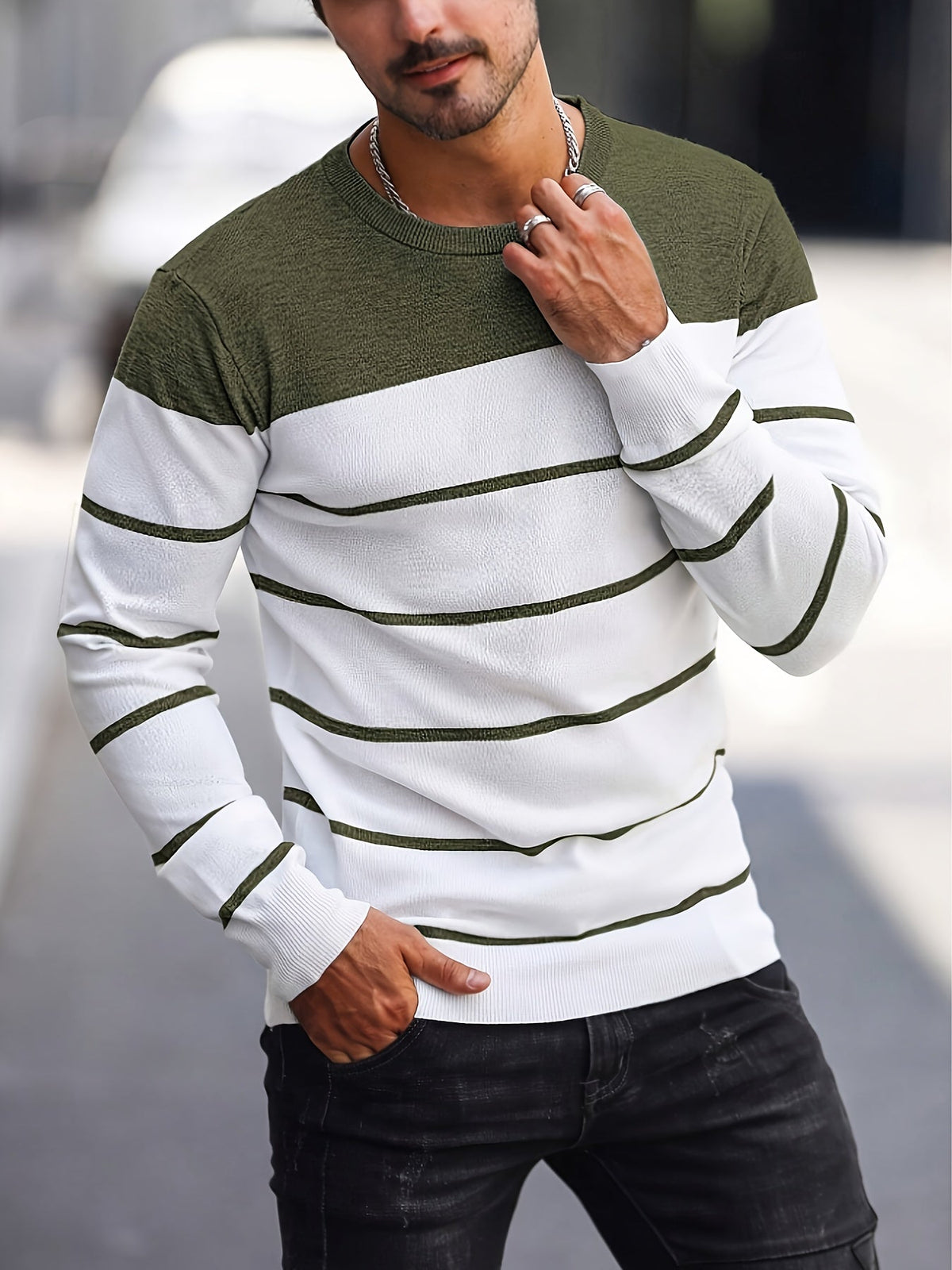 Men's Colour-Block Striped Pullover Sweater Long-Sleeve Casual Everyday