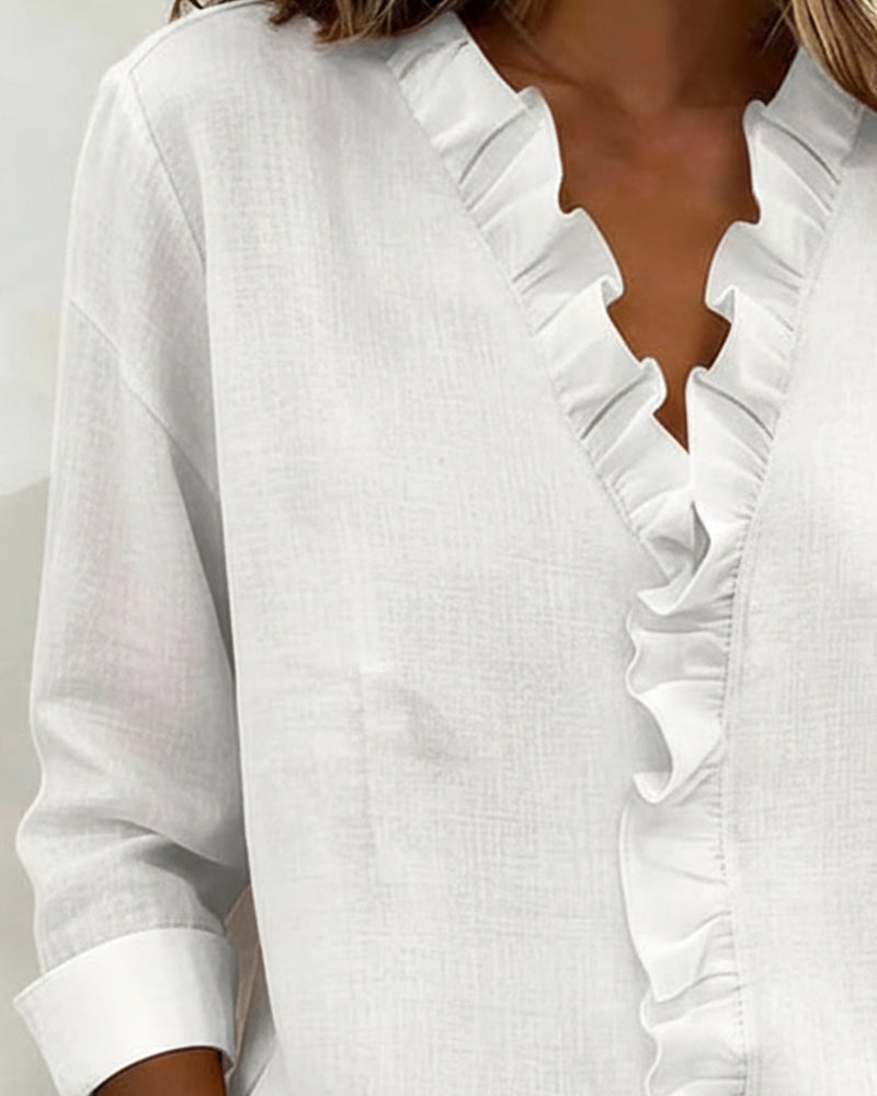 Women's Ruffle V-Neck Blouse Long Sleeve Elegant Spring Style Top