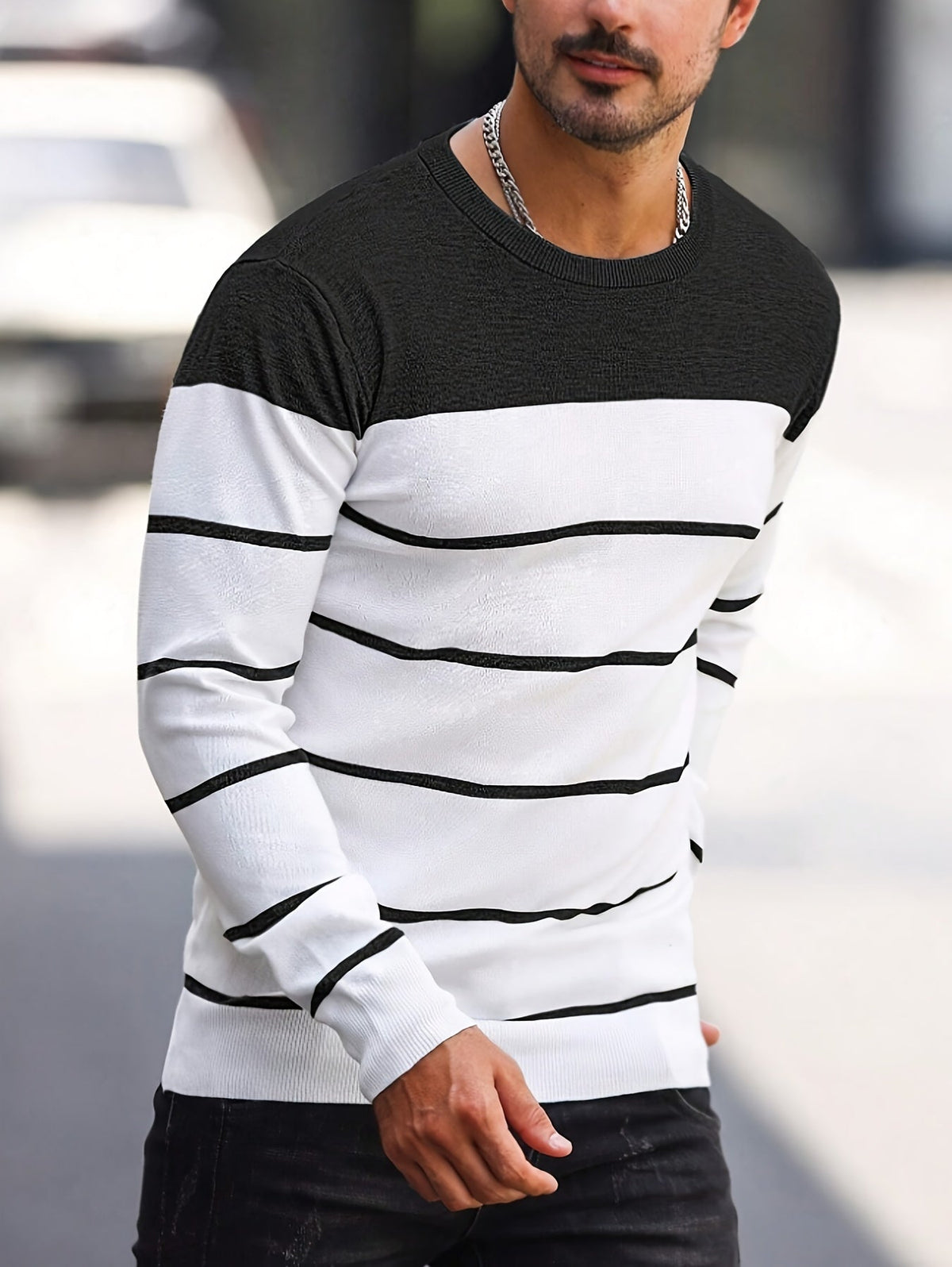 Men's Colour-Block Striped Pullover Sweater Long-Sleeve Casual Everyday