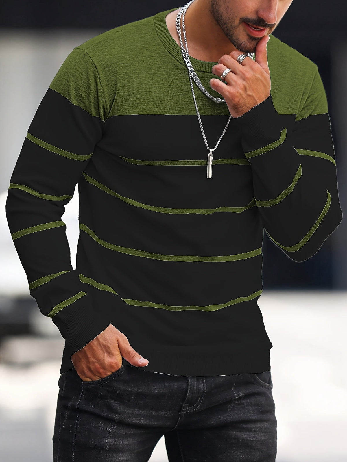 Men's Colour-Block Striped Pullover Sweater Long-Sleeve Casual Everyday