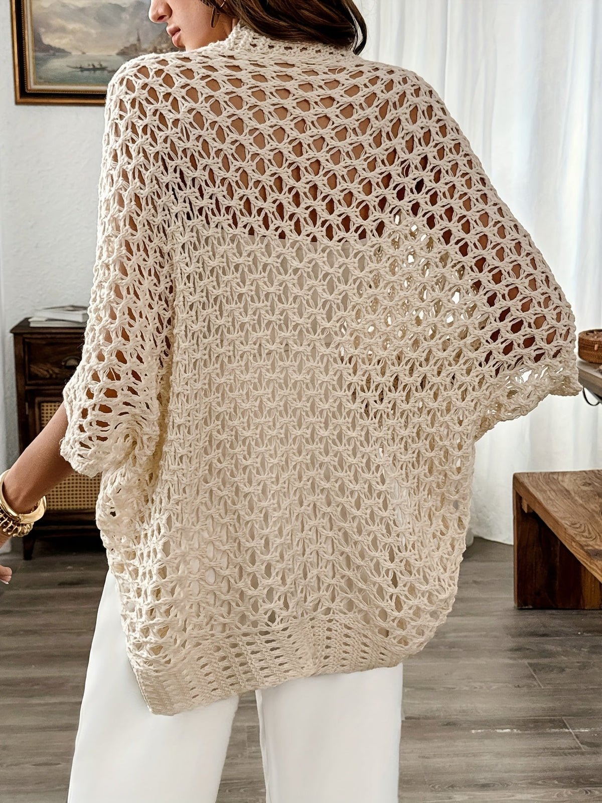 Women's Open-Front Crochet Cardigan Long Sleeve Lightweight Layering