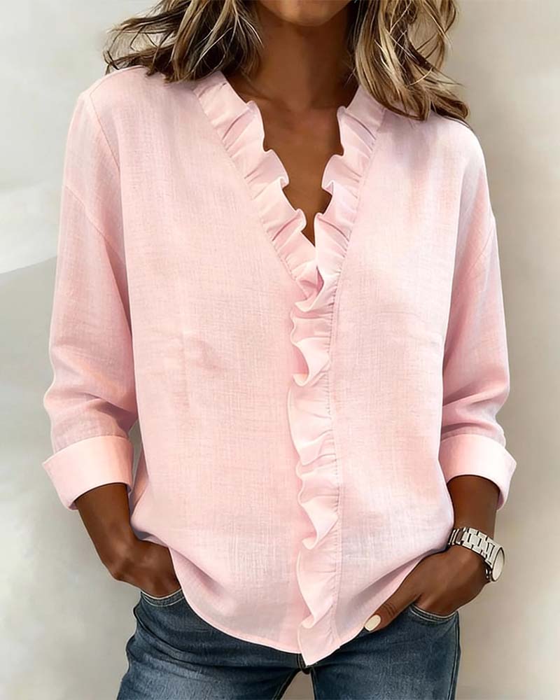 Women's Ruffle V-Neck Blouse Long Sleeve Elegant Spring Style Top