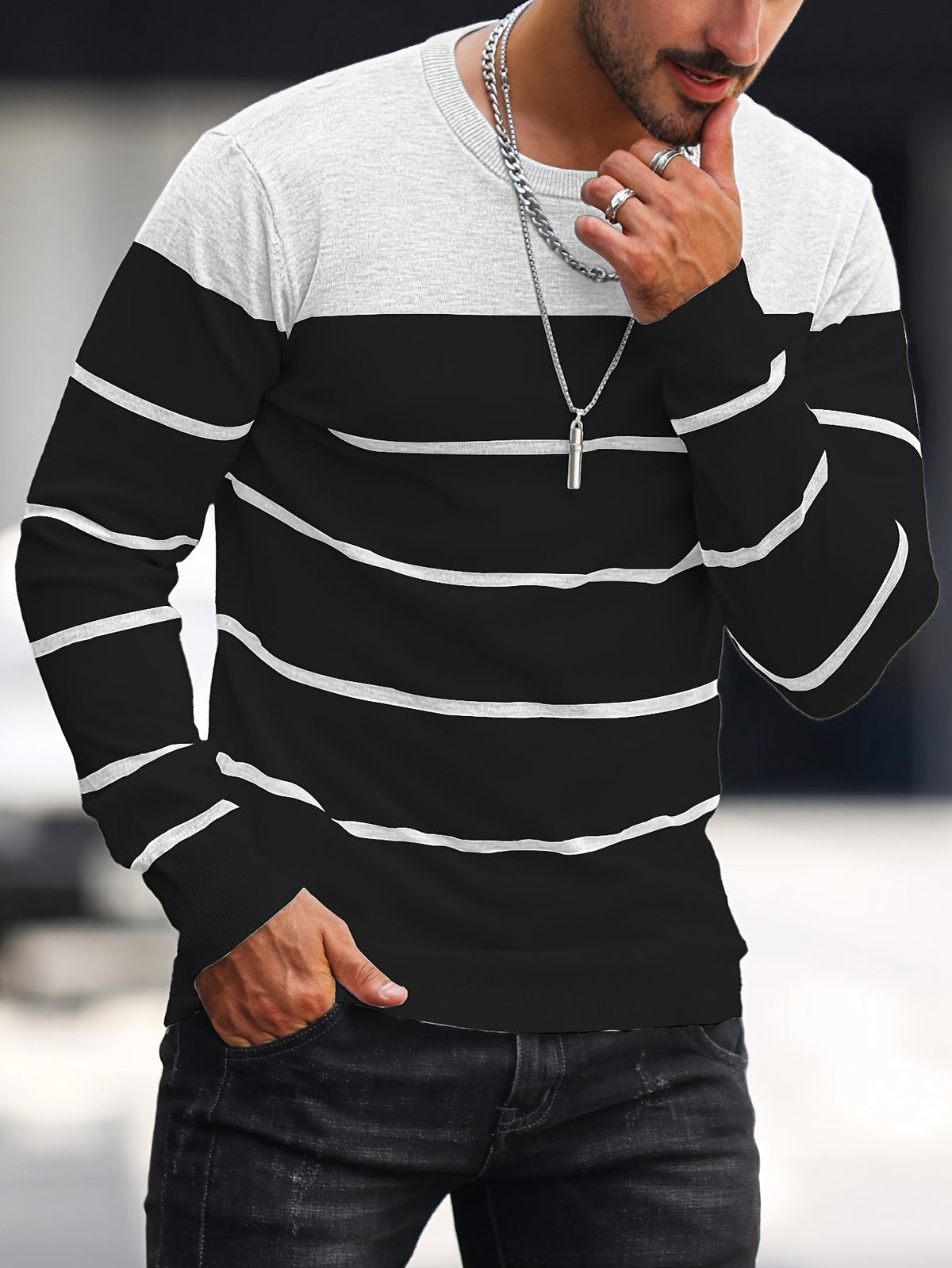 Men's Colour-Block Striped Pullover Sweater Long-Sleeve Casual Everyday