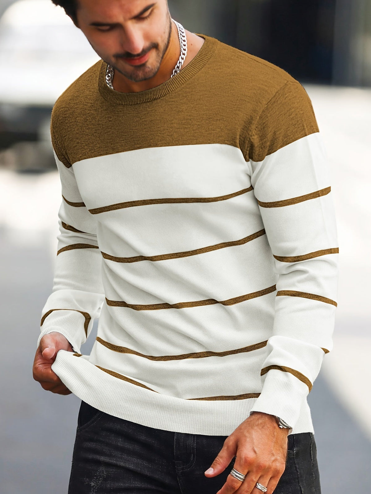 Men's Colour-Block Striped Pullover Sweater Long-Sleeve Casual Everyday