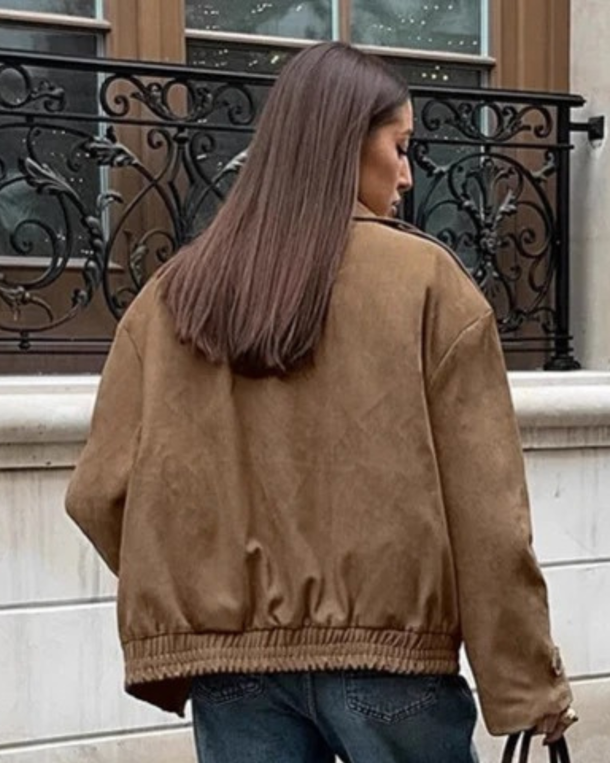Women's Suede Bomber Jacket Zipper Closure Elasticated Hem Casual Everyday