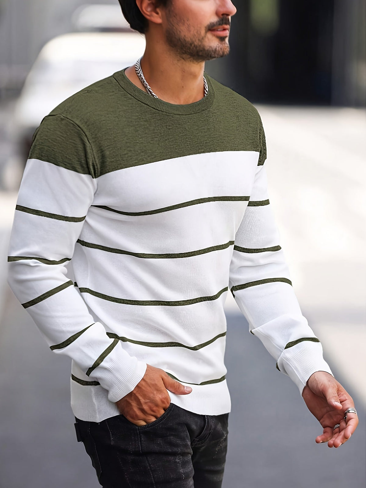 Men's Colour-Block Striped Pullover Sweater Long-Sleeve Casual Everyday