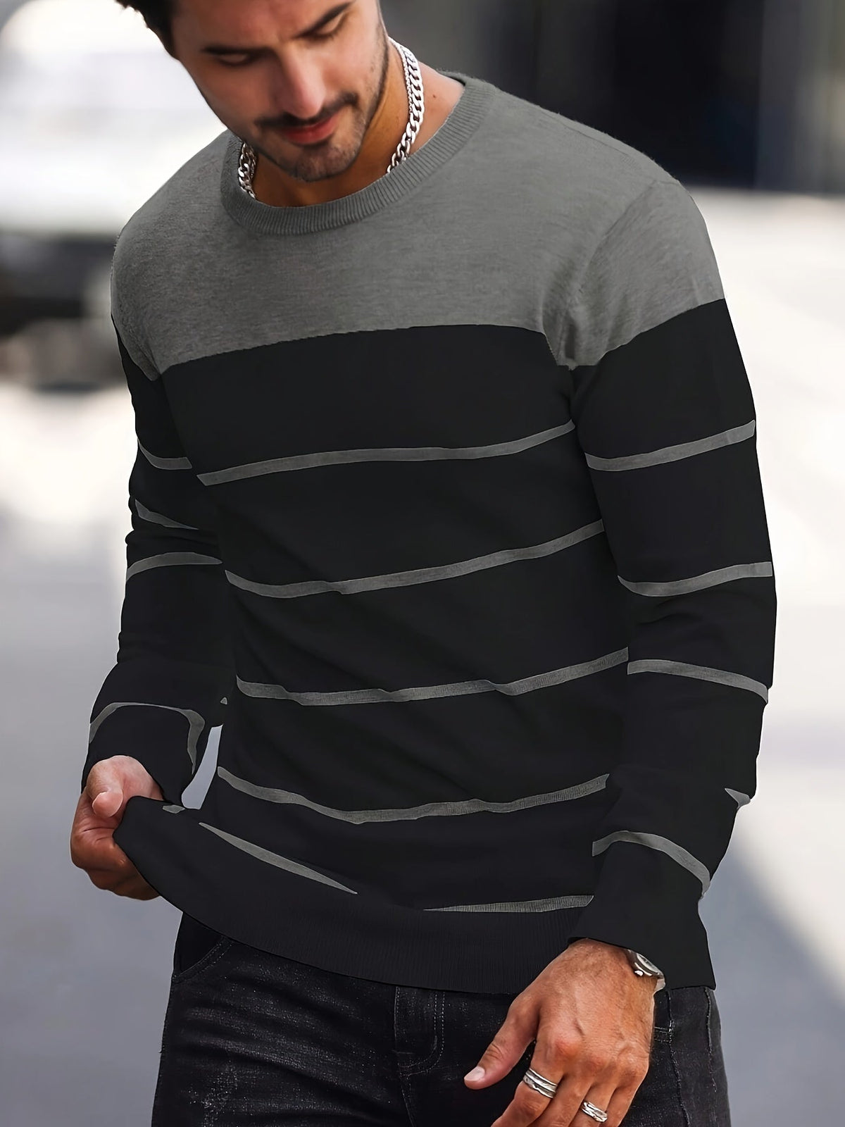 Men's Colour-Block Striped Pullover Sweater Long-Sleeve Casual Everyday